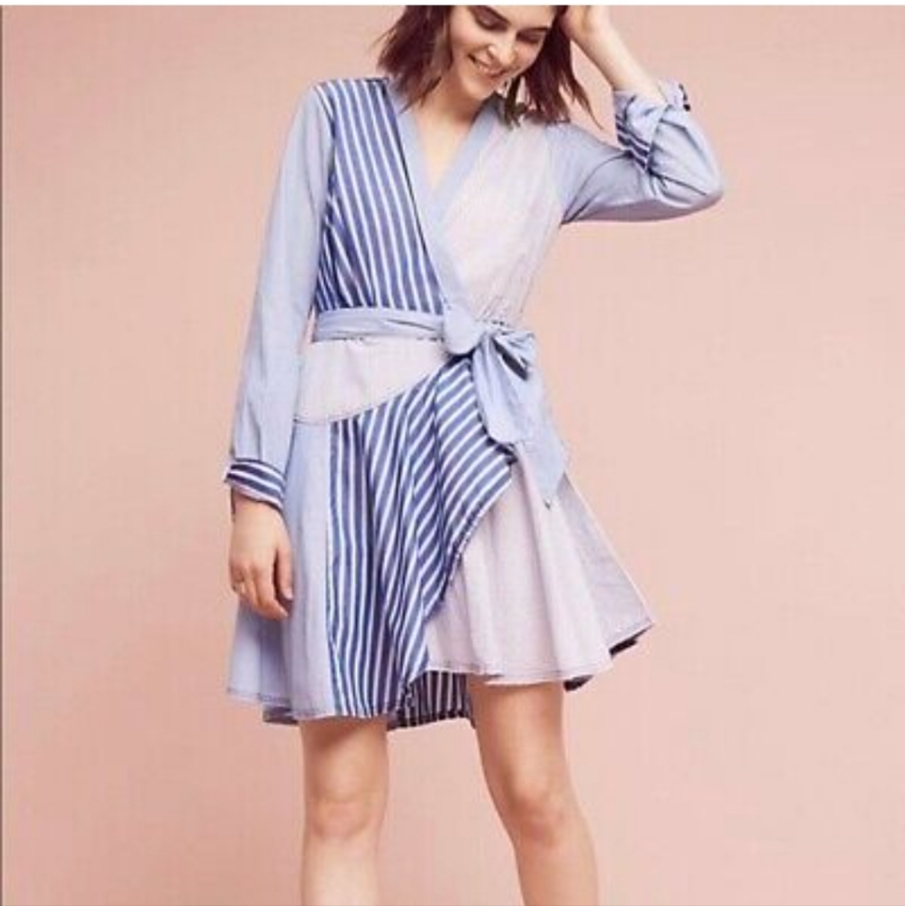 Anthropologie Maeve Newport Wrap Striped Dress Blue White Ruffle Mini Size 10